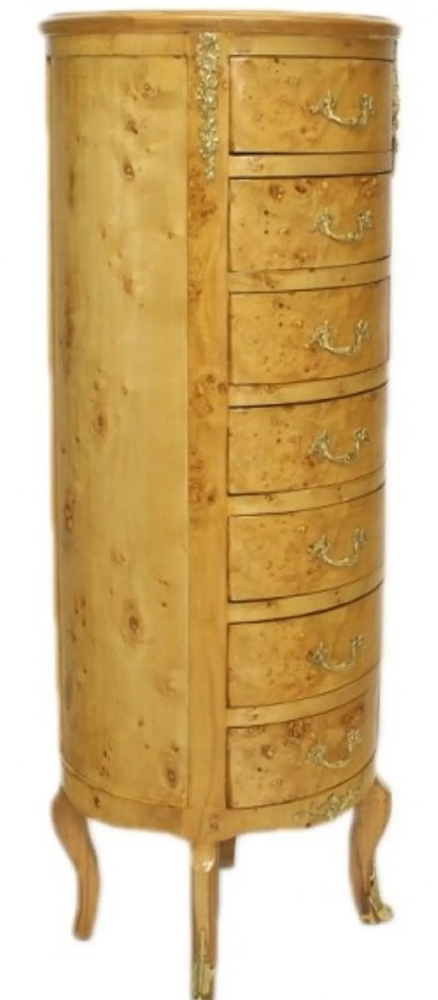 Casa Padrino Barock Kommode Vogelaugen Ahorn / Gold mit 7 Schubladen Rund - Antik Stil - 120 x 45 x 45 cm