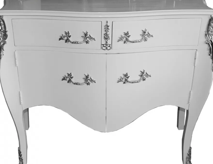 Casa Padrino Barock Kommode Weiß Hochglanz mit 2 Schubladen und 2 Türen 140 x 57 x 95 cm - Massivholz Handgefertigt
