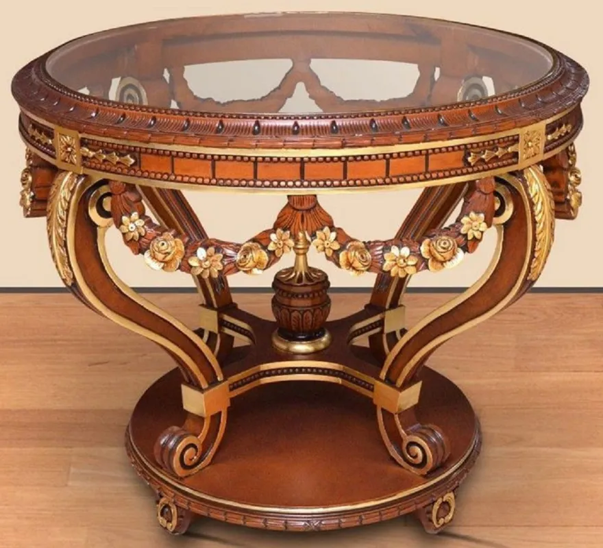 Casa Padrino Barock Konferenztisch Braun / Gold - Runder Massivholz Büro Tisch mit Glasplatte - Barock Büro Möbel - Edel & Prunkvoll