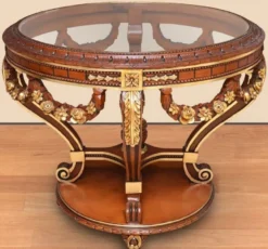 Casa Padrino Barock Konferenztisch Braun / Gold - Runder Massivholz Büro Tisch mit Glasplatte - Barock Büro Möbel - Edel & Prunkvoll