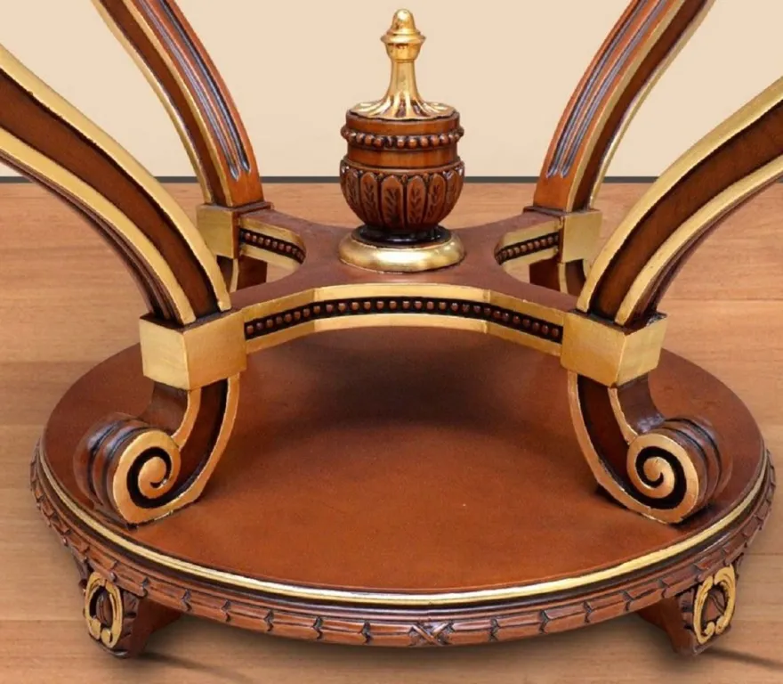 Casa Padrino Barock Konferenztisch Braun / Gold - Runder Massivholz Büro Tisch mit Glasplatte - Barock Büro Möbel - Edel & Prunkvoll