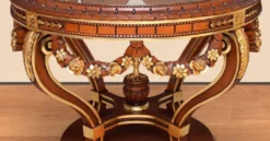 Casa Padrino Barock Konferenztisch Braun / Gold - Runder Massivholz Büro Tisch mit Glasplatte - Barock Büro Möbel - Edel & Prunkvoll