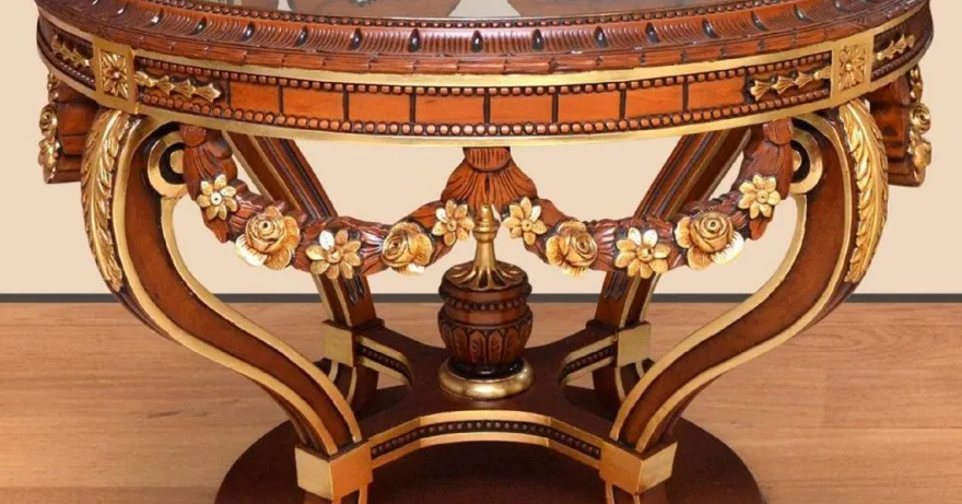 Casa Padrino Barock Konferenztisch Braun / Gold - Runder Massivholz Büro Tisch mit Glasplatte - Barock Büro Möbel - Edel & Prunkvoll