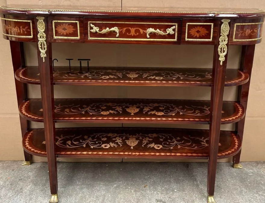 Casa Padrino Barock Konsole Dunkelbraun / Braun Intarsien / Gold - Handgefertigter Konsolentisch im Barockstil - Prunkvolle Barockstil Konsole - Barock Möbel - Antik Stil Möbel - Barockstil Möbel