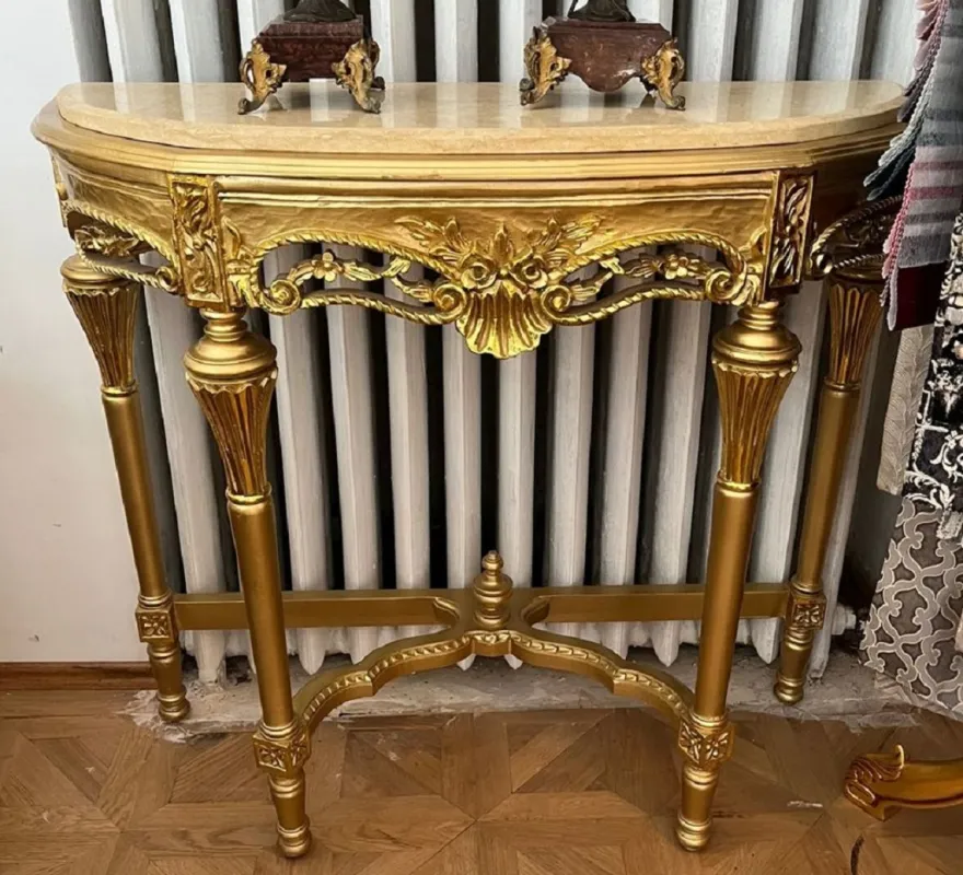 Casa Padrino Barock Konsole Gold / Creme - Handgefertigter Massivholz Konsolentisch mit Marmorplatte - Antik Stil Konsole - Antik Stil Möbel - Barock Möbel - Edel & Prunkvoll