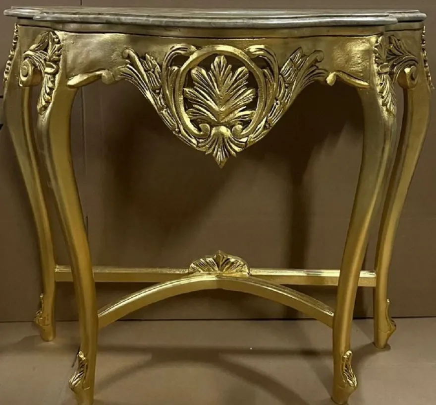 Casa Padrino Barock Konsole Gold / Grau - Handgefertigter Massivholz Konsolentisch mit Marmorplatte - Antik Stil Konsole - Antik Stil Möbel - Barock Möbel - Barock Einrichtung