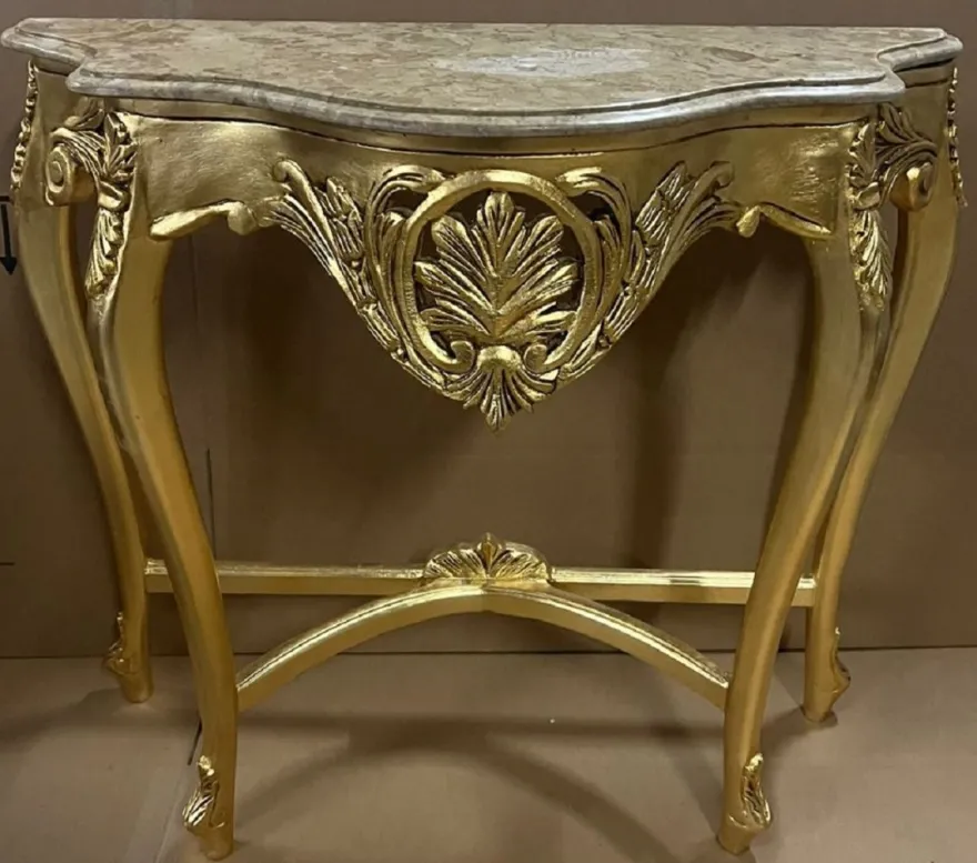 Casa Padrino Barock Konsole Gold / Grau - Handgefertigter Massivholz Konsolentisch mit Marmorplatte - Antik Stil Konsole - Antik Stil Möbel - Barock Möbel - Barock Einrichtung
