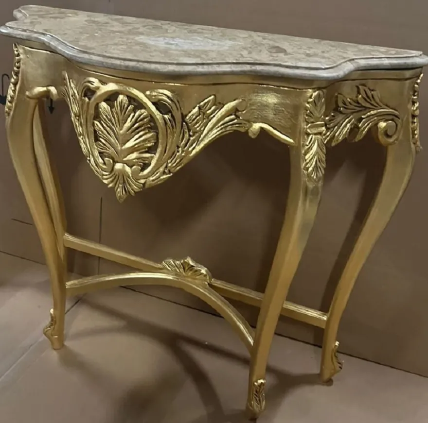 Casa Padrino Barock Konsole Gold / Grau - Handgefertigter Massivholz Konsolentisch mit Marmorplatte - Antik Stil Konsole - Antik Stil Möbel - Barock Möbel - Barock Einrichtung