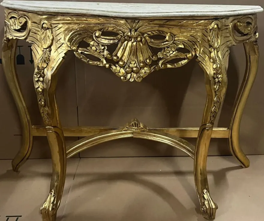 Casa Padrino Barock Konsole Gold / Creme - Handgefertigter Massivholz Konsolentisch mit Marmorplatte - Antik Stil Konsole - Antik Stil Möbel - Barock Möbel - Barock Einrichtung