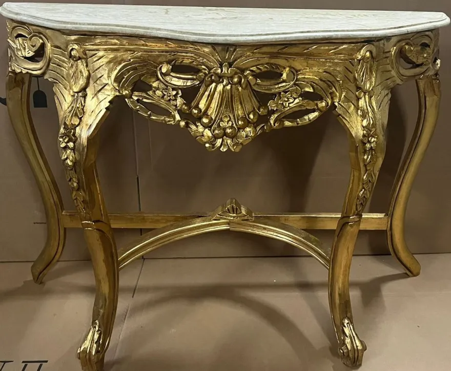 Casa Padrino Barock Konsole Gold / Creme - Handgefertigter Massivholz Konsolentisch mit Marmorplatte - Antik Stil Konsole - Antik Stil Möbel - Barock Möbel - Barock Einrichtung