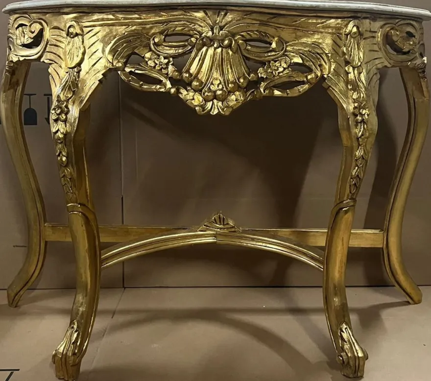 Casa Padrino Barock Konsole Gold / Creme - Handgefertigter Massivholz Konsolentisch mit Marmorplatte - Antik Stil Konsole - Antik Stil Möbel - Barock Möbel - Barock Einrichtung