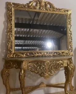 Casa Padrino Barock Konsole mit Marmorplatte und Spiegel Gold / Creme Grau - Prunkvolle Spiegelkonsole im Barockstil - Garderoben Möbel Barockstil - Barock Möbel - Edel & Prunkvoll