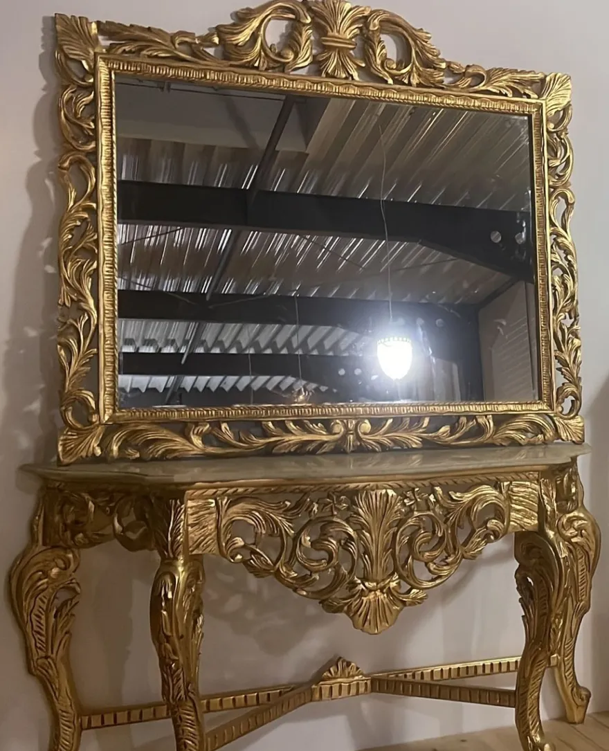 Casa Padrino Barock Konsole mit Marmorplatte und Spiegel Gold / Creme Grau - Prunkvolle Spiegelkonsole im Barockstil - Garderoben Möbel Barockstil - Barock Möbel - Edel & Prunkvoll