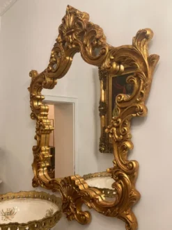Casa Padrino Barock Konsole mit Marmorplatte und Spiegel Gold / Grau - Prunkvolle Spiegelkonsole im Barockstil - Garderoben Möbel Barockstil - Barock Möbel - Antik Stil Möbel - Edel & Prunkvoll