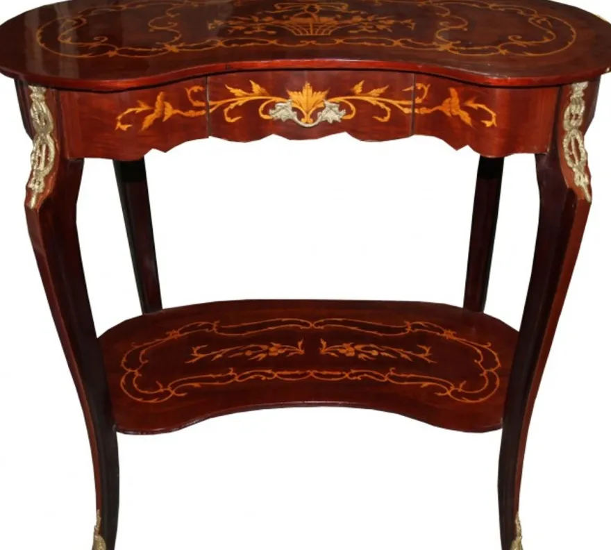 Casa Padrino Barock Konsolentisch mit Schubladen in Braun mit Intarsien - Nierenform - 81 x 45 x 80 cm - Antik Stil Telefontisch