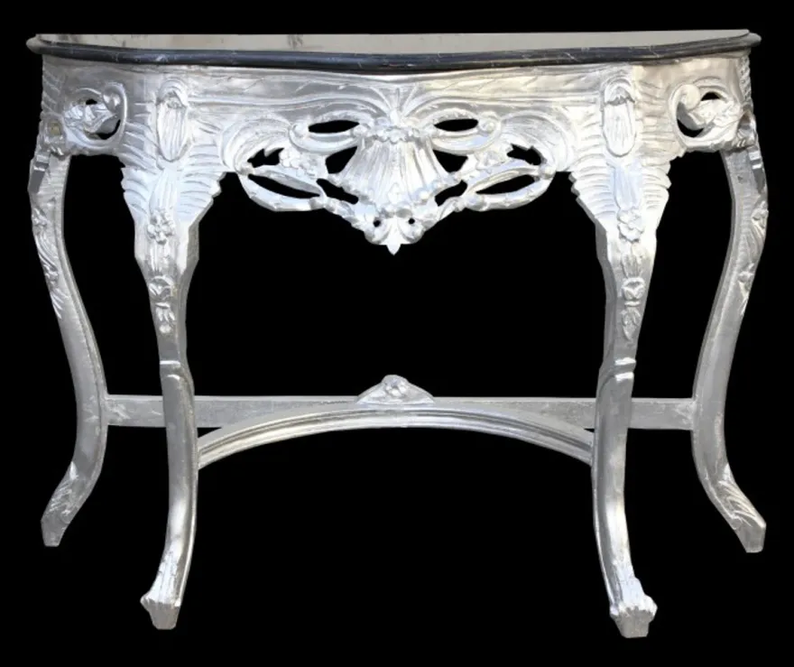 Casa Padrino Barock Konsolentisch in Silber / Schwarz mit schwarzer Marmorplatte, 118 x 37 x 88 cm