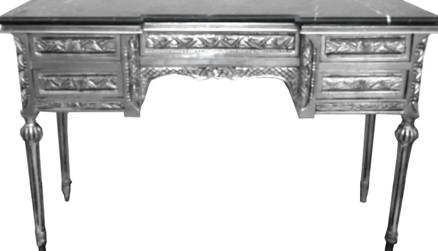 Casa Padrino Barock Konsole Silber mit Marmorplatte und 5 Schubladen 126 x 43 x H79 cm - Konsolentisch Sekretär - Möbel