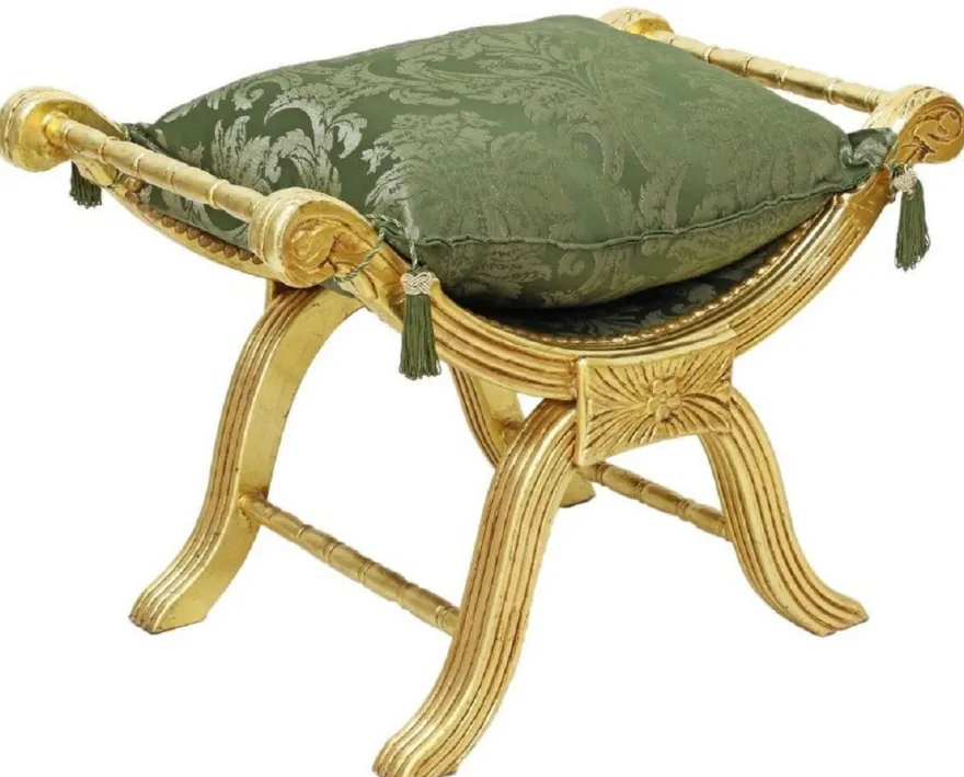 Casa Padrino Barock Kreuzhocker mit Kissen Gold / Grün - Handgefertigter Sitzhocker im Barockstil - Antik Stil Hocker - Barock Möbel - Wohnzimmer Möbel im Barockstil - Antik Stil Möbel
