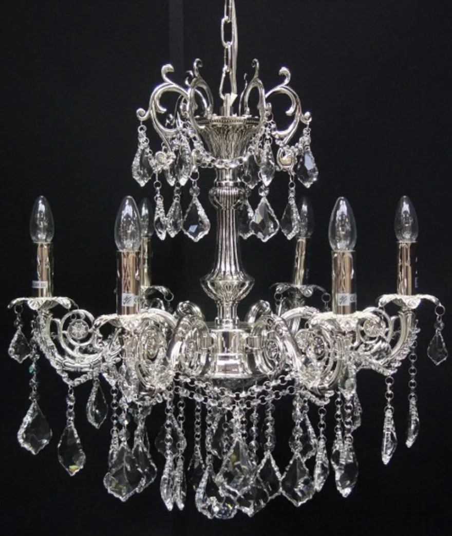 Casa Padrino Barock Kristall Kronleuchter 6-Flammig Silber - Hängeleuchte Lüster Hängelampe Deckenlampe, Höhe 65 cm, Durchmesser 67 cm