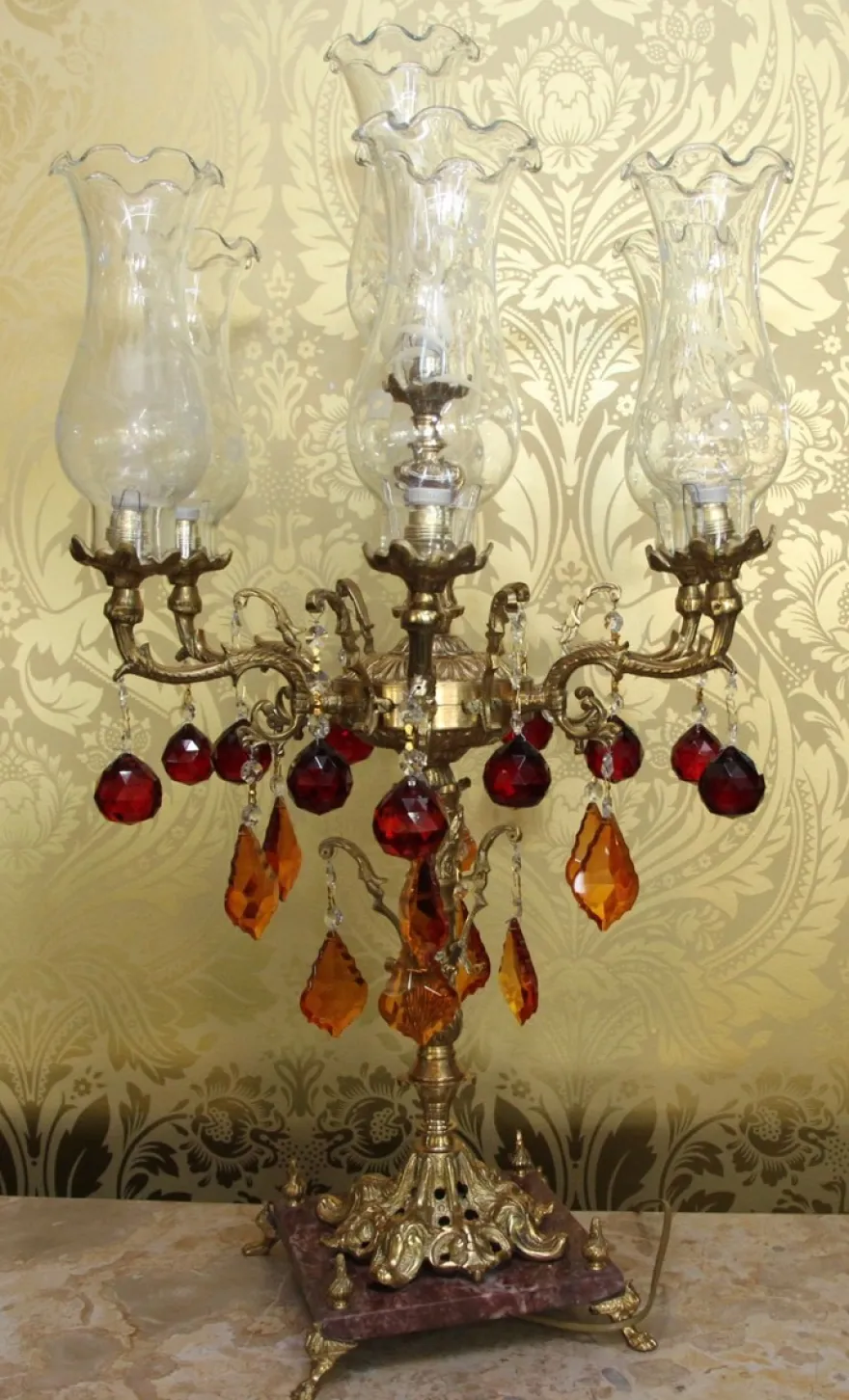 Casa Padrino Barock Kristall Hockerleuchte im prachtvollen Design - Rot / Orange - H 86 cm