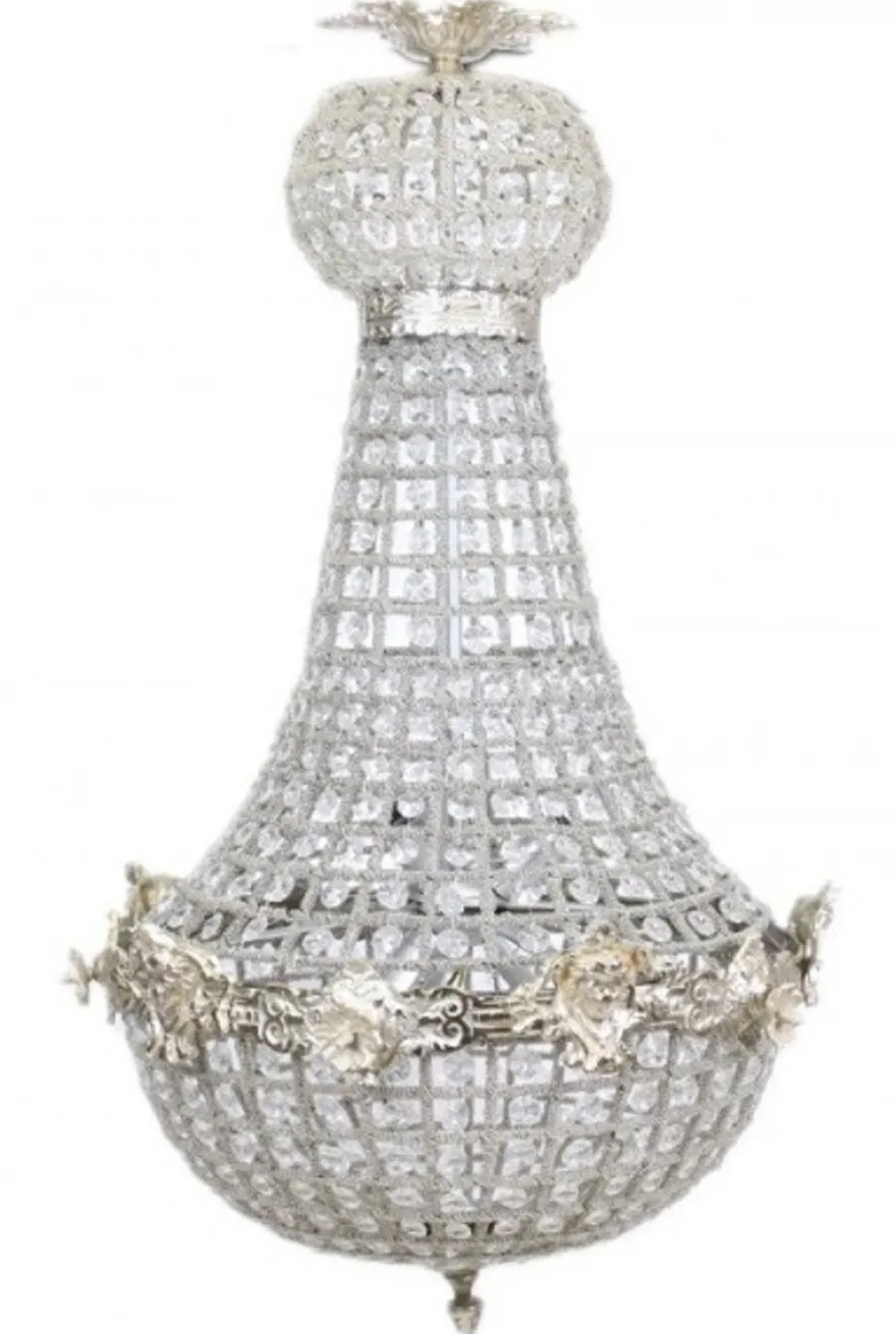 Casa Padrino Barock Kronleuchter Silber mit Glaskristallen 75 x 40 cm Antik Stil - Möbel Lüster Leuchter Hängeleuchte Hängelampe