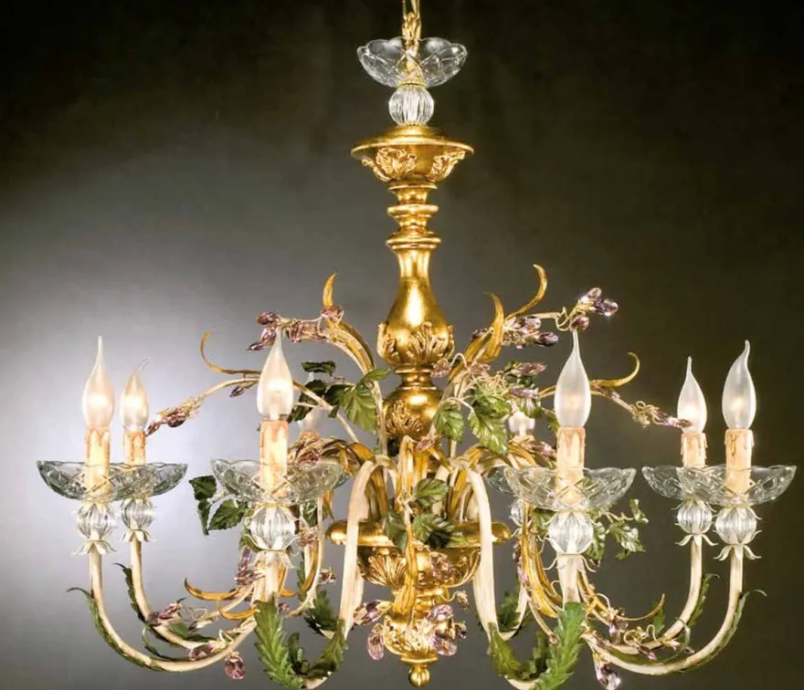 Casa Padrino Barock Kronleuchter Grün Gelb Elfenbein Ø 90 x H. 80 cm 8-flammig - Handgefertigte Leuchte aus Italien - Barock Leuchten