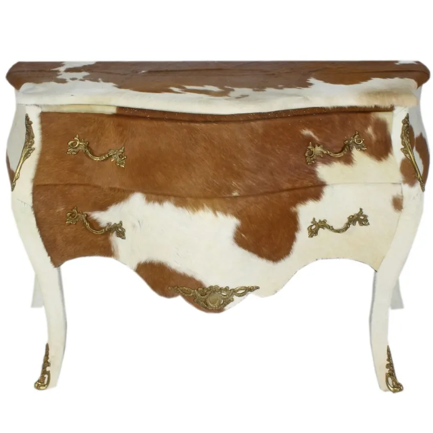 Casa Padrino Barock Kuhfell Kommode Braun / Weiß mit messingfarbenen Metallapplikationen 120 cm - Antik Stil Möbel