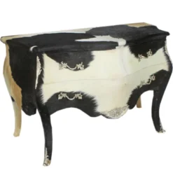 Casa Padrino Barock Kuhfell Kommode Schwarz / Weiß mit silbernen Metallapplikationen 120 cm - Antik Stil Möbel