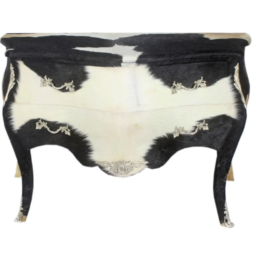 Casa Padrino Barock Kuhfell Kommode Schwarz / Weiß mit silbernen Metallapplikationen 120 cm - Antik Stil Möbel