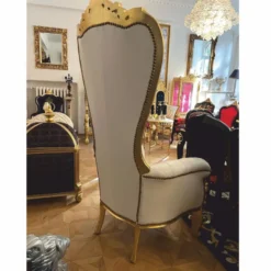 Casa Padrino Barock Kunstleder Thron Sessel und Glitzersteinen Weiß / Gold H. 182 cm