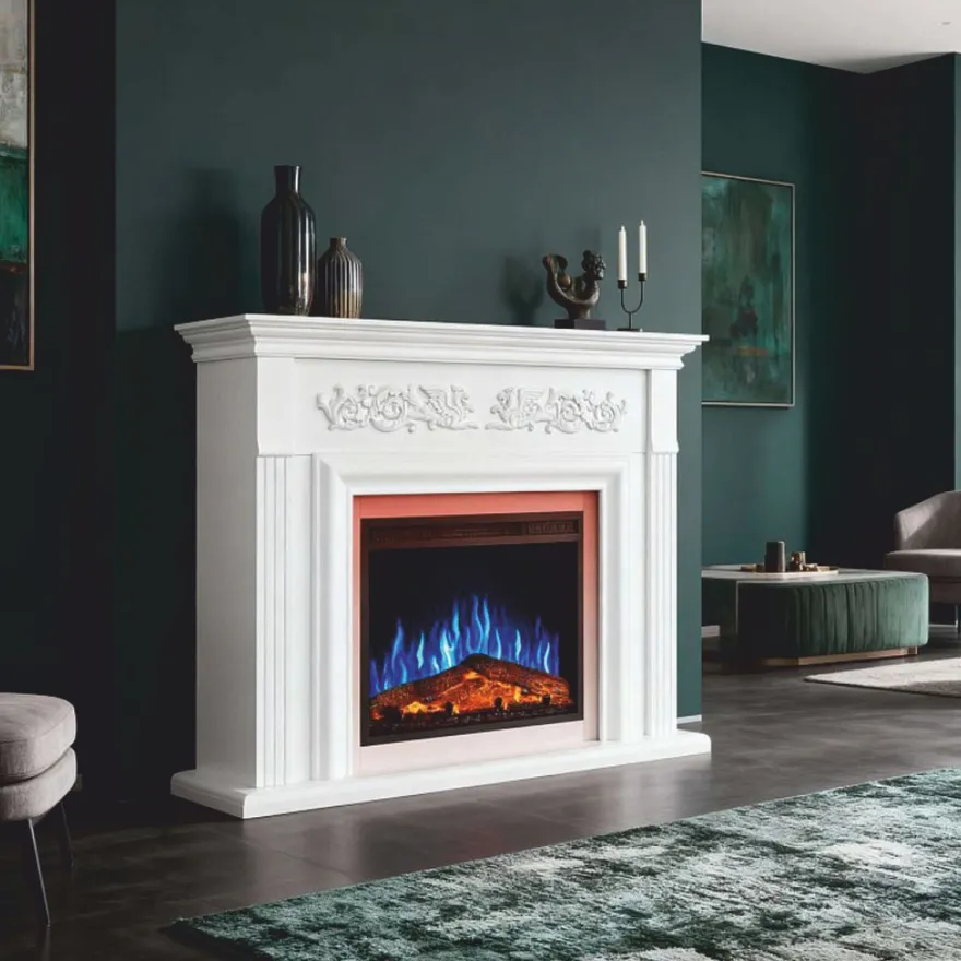 Casa Padrino Barock LED Elektrokamin Weiß 121 x 35 x H. 100 cm - Barock Möbel