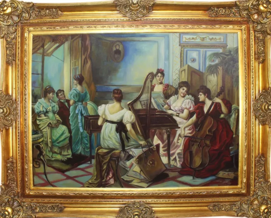 Casa Padrino Barock Ölgemälde Damen Musizieren Mehrfarbig / Gold 160 x 10 x H. 130 cm - Handgemaltes Gemälde mit prunkvollem Rahmen im Barockstil - Barock Deko Accessoires