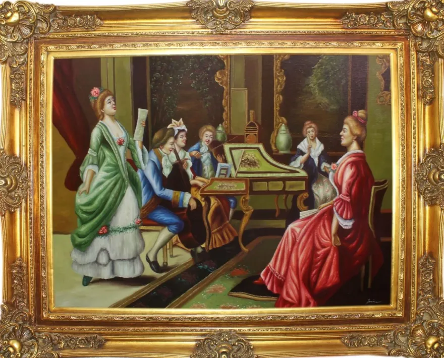 Casa Padrino Barock Ölgemälde Das Konzert Mehrfarbig / Gold 160 x 10 x H. 130 cm - Handgemaltes Gemälde mit prunkvollem Rahmen im Barockstil - Deko im Barockstil