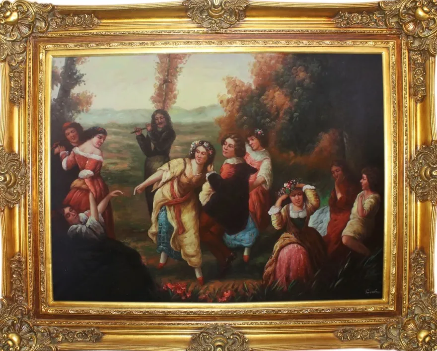 Casa Padrino Barock Ölgemälde Gartenfest Mehrfarbig / Gold 160 x 10 x H. 130 cm - Handgemaltes Gemälde mit prunkvollem Rahmen im Barockstil - Wanddeko im Barockstil