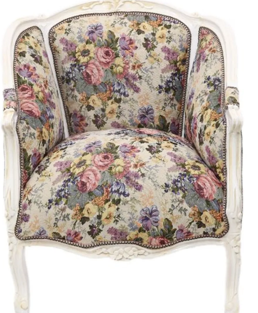 Casa Padrino Barock Lounge Sessel Weiss / Blumenmuster 70 cm x H. 100cm - Massivholz
