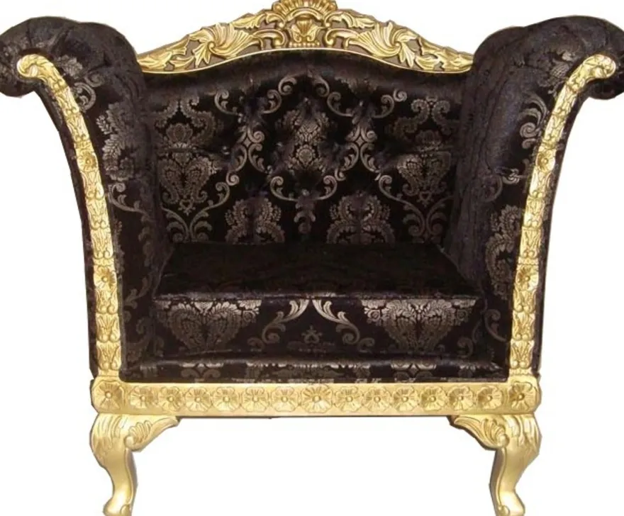 Casa Padrino Barock Lounge Sessel Schwarz Muster / Gold, Mahagoni Massivholz, 102 x 70 x 70 cm