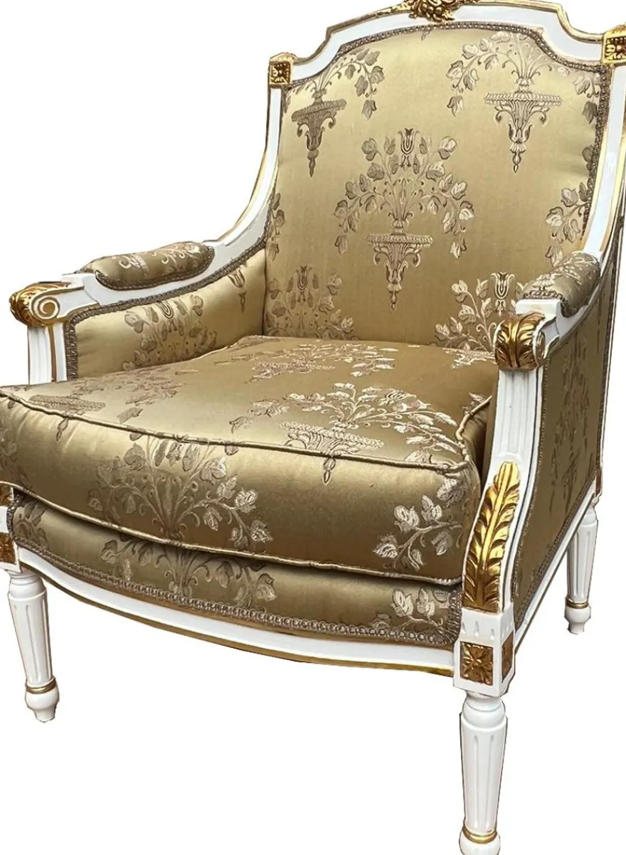 Casa Padrino Barock Lounge Thron Sessel Empire Gold Muster / Weiß / Gold - Interior Wohnzimmer Möbel