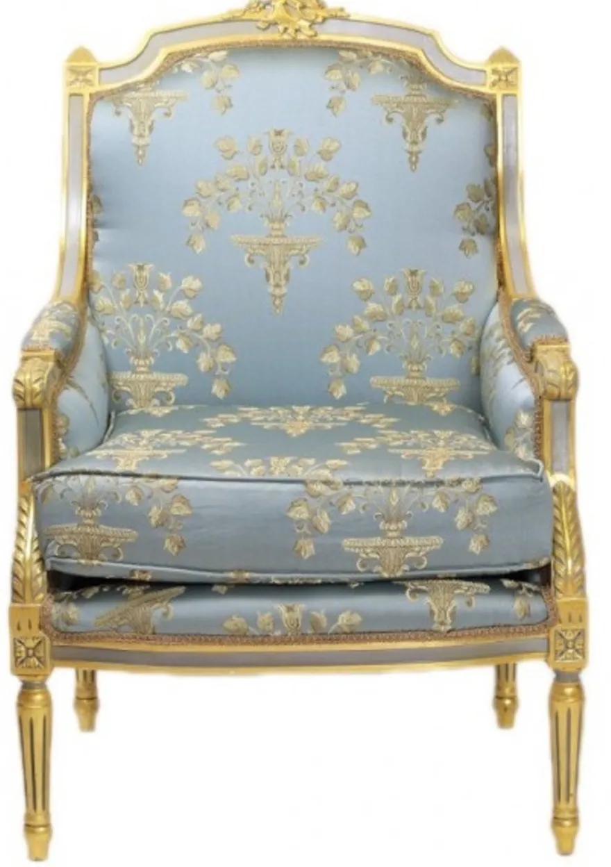 Casa Padrino Barock Lounge Thron Sessel Empire in Blau-Grau Gold Muster und Gold, 100 x 70 x 70 cm