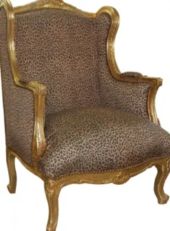 Casa Padrino Barock Lounge Thron Sessel Leopard / Gold Mod2 - Ohrensessel aus Massivholz - 120 x 83 x 64 cm