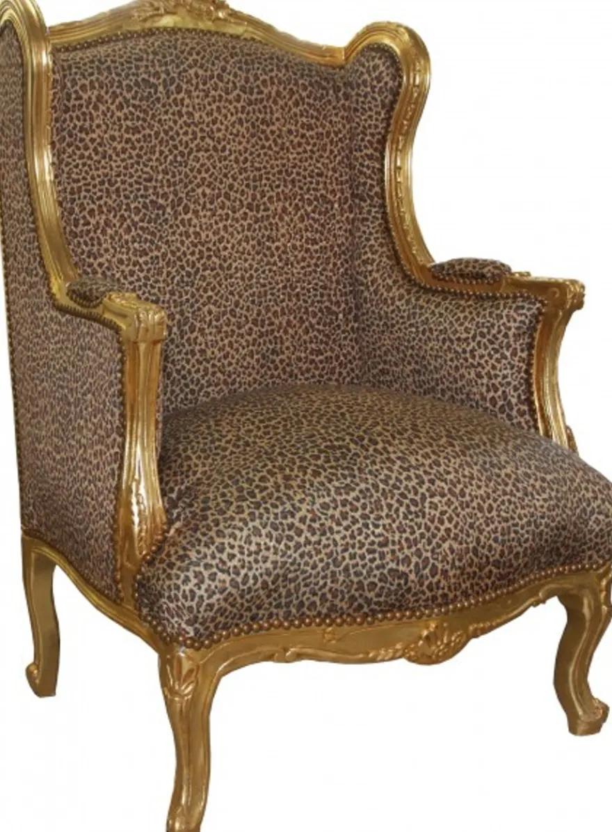 Casa Padrino Barock Lounge Thron Sessel Leopard / Gold Mod2 - Ohrensessel aus Massivholz - 120 x 83 x 64 cm