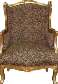 Casa Padrino Barock Lounge Thron Sessel Leopard / Gold Mod2 - Ohrensessel aus Massivholz - 120 x 83 x 64 cm