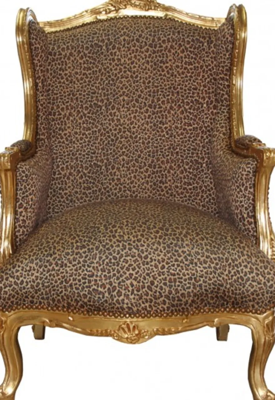 Casa Padrino Barock Lounge Thron Sessel Leopard / Gold Mod2 - Ohrensessel aus Massivholz - 120 x 83 x 64 cm