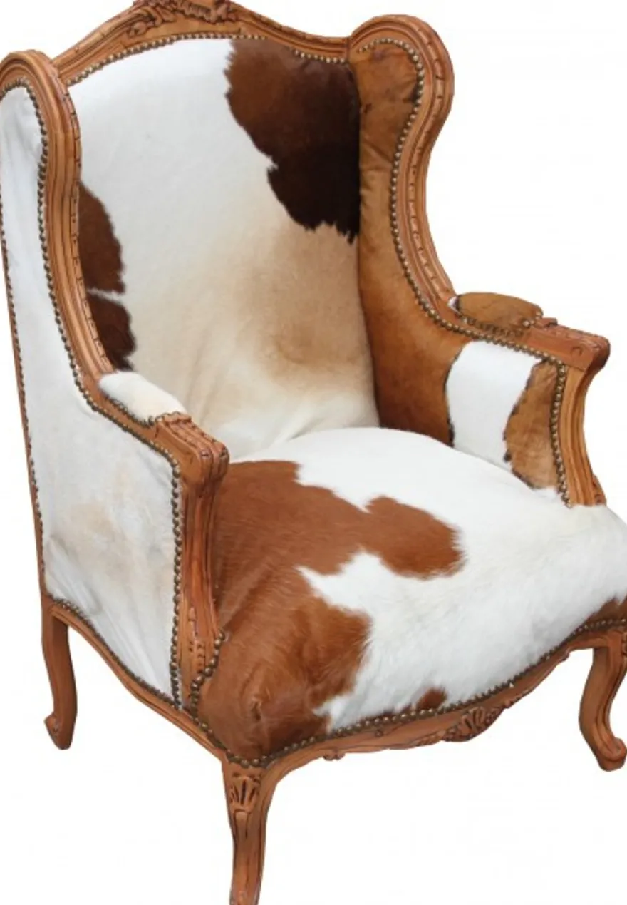 Casa Padrino Barock Lounge Thron Sessel Kuhfell Mod2 - Ohrensessel aus Massivholz - Natur/Weiß - 120 x 83 x 64 cm