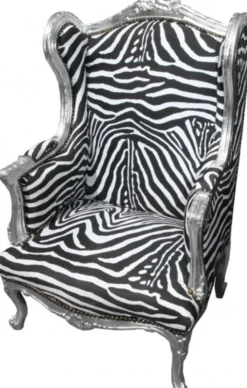 Casa Padrino Barock Lounge Thron Sessel Zebra / Silber, Ohrensessel, handgearbeitet, Höhe 110 cm, Breite 83 cm, Tiefe 83 cm