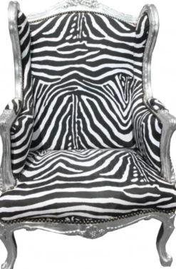 Casa Padrino Barock Lounge Thron Sessel Zebra / Silber, Ohrensessel, handgearbeitet, Höhe 110 cm, Breite 83 cm, Tiefe 83 cm