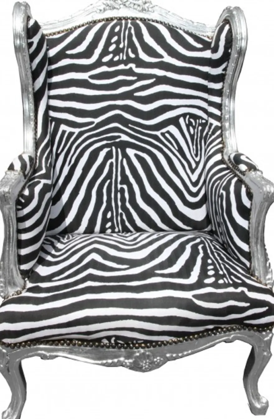 Casa Padrino Barock Lounge Thron Sessel Zebra / Silber, Ohrensessel, handgearbeitet, Höhe 110 cm, Breite 83 cm, Tiefe 83 cm
