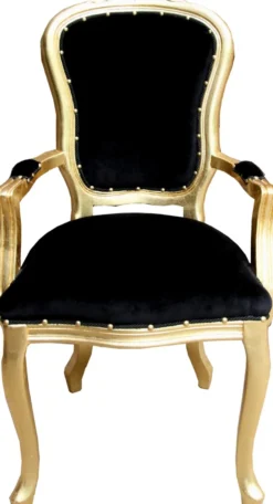 Casa Padrino Barock Luxus Esszimmer Stuhl mit Armlehnen Schwarz / Gold - Möbel