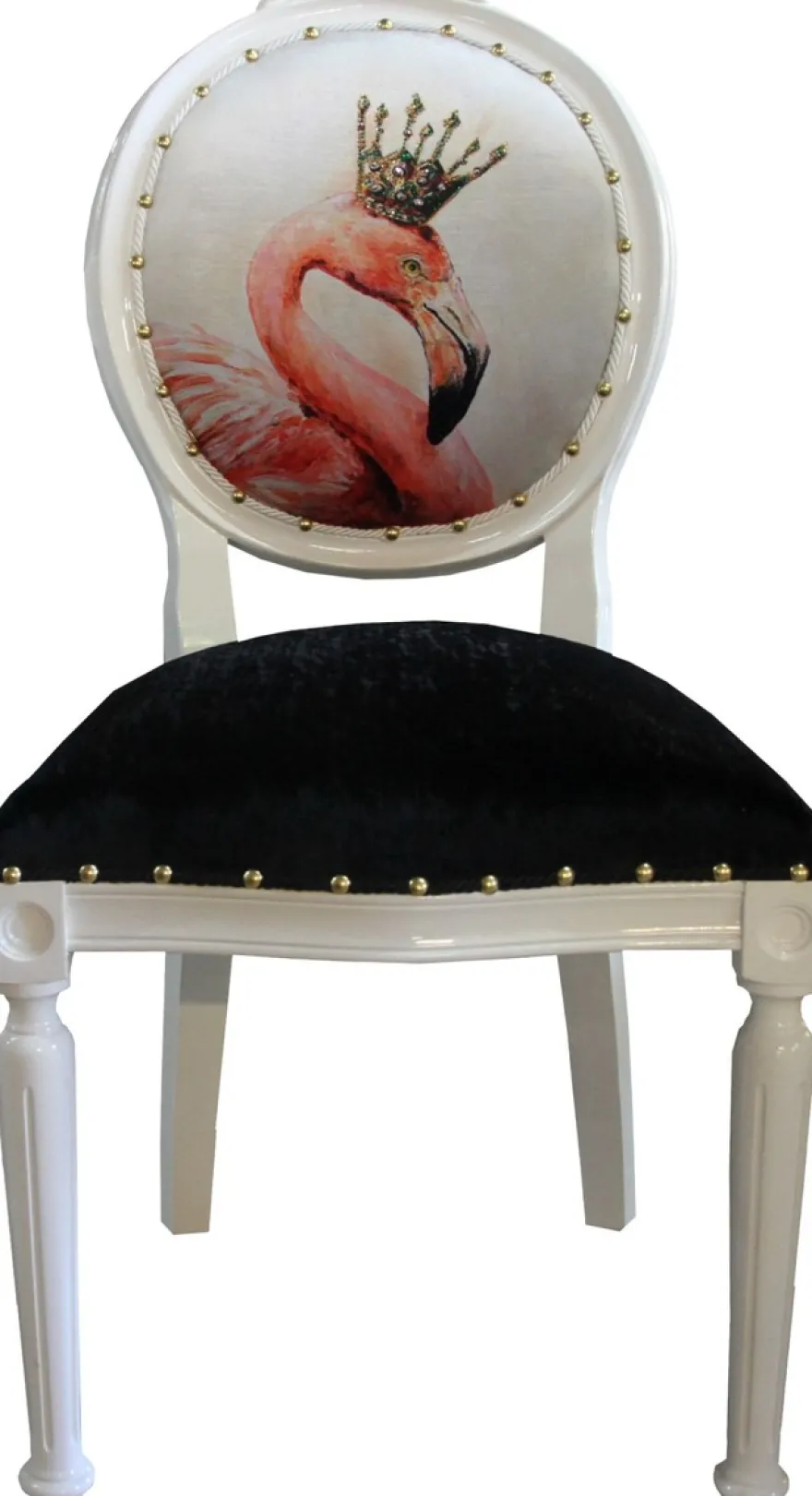 Casa Padrino Barock Luxus Esszimmer Stuhl ohne Armlehnen Flamingo Weiß mit Krone und mit Bling Bling Glitzersteinen - Designer Stuhl - Limited Edition
