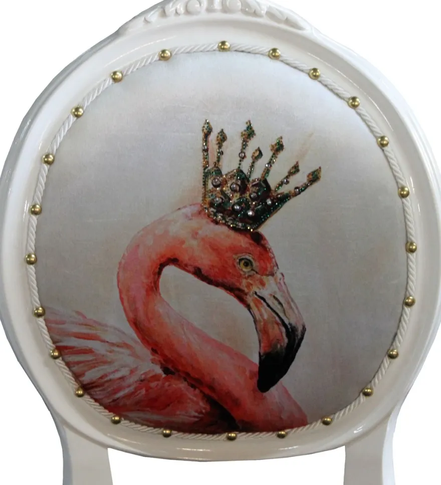 Casa Padrino Barock Luxus Esszimmer Stuhl ohne Armlehnen Flamingo Weiß mit Krone und mit Bling Bling Glitzersteinen - Designer Stuhl - Limited Edition