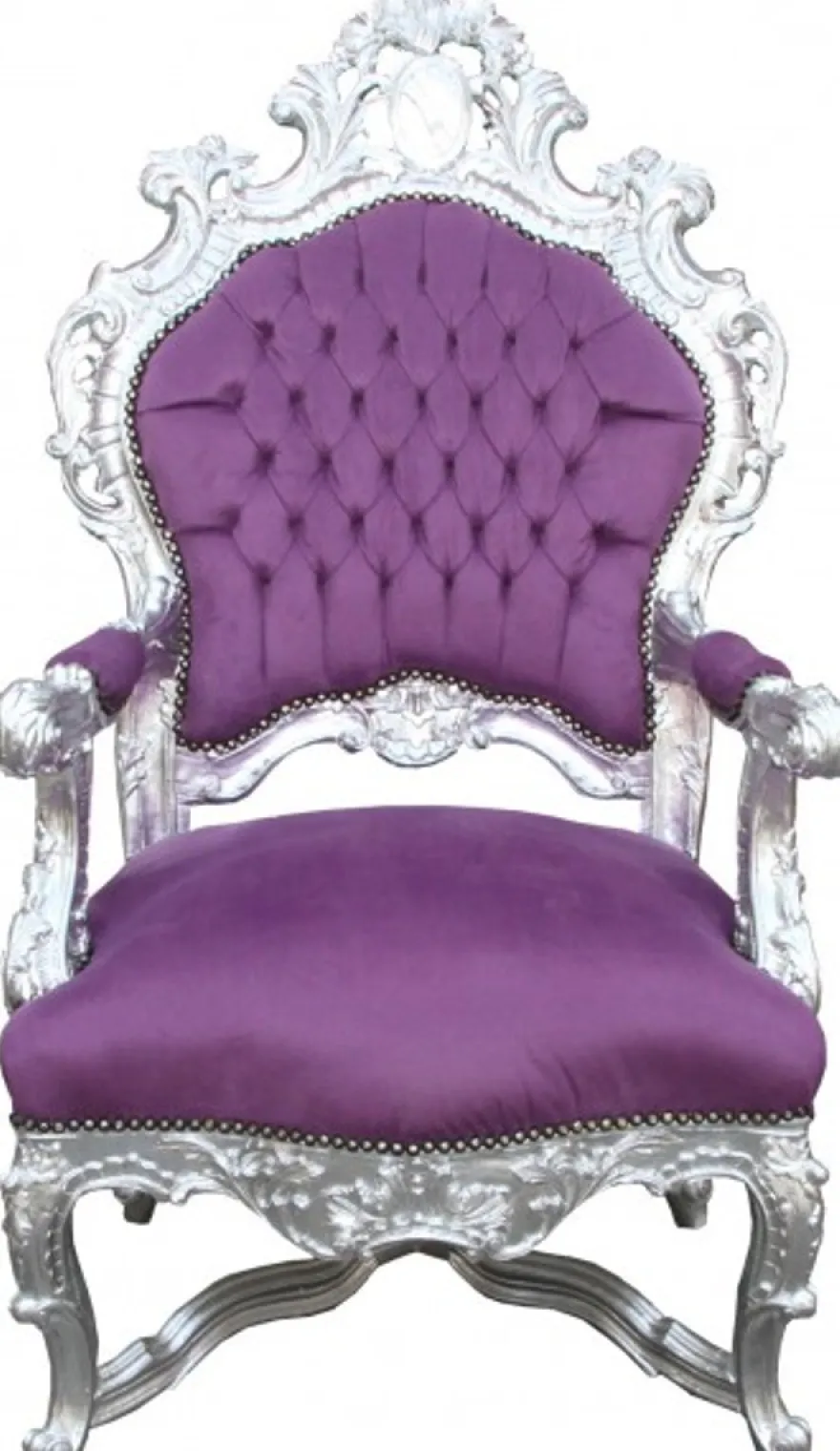 Casa Padrino Barock Luxus Thron Sessel Lila / Silber - Handgefertigter Königssessel aus Massivholz - 141 x 80 x 78 cm